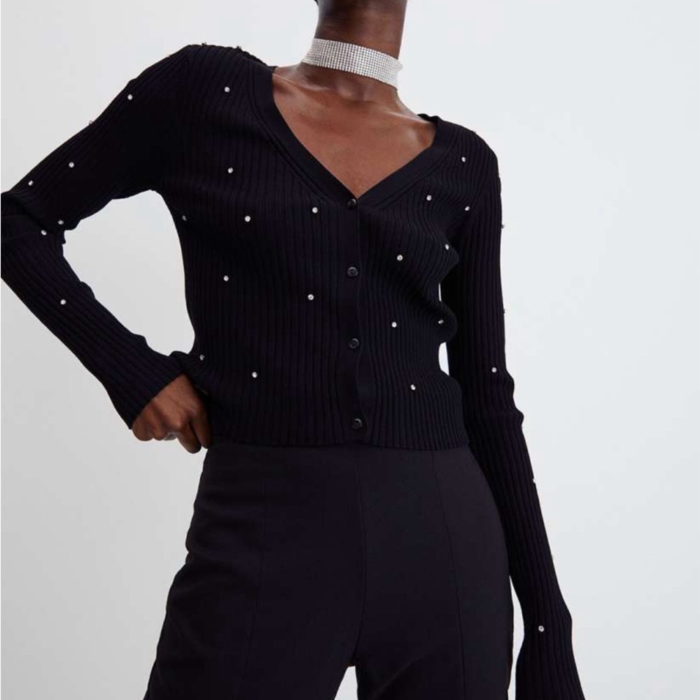 H&M Black V-Neck Sweater with Rhinestone Embellishments